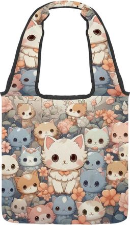 Generic Cute Cartoon Kitten Reversible Canvas Shoulder Tote - Double-Sided Print, 12oz Cotton, 27cm Drop, Fold-Flat Bag for Travel, Shopping, Street Outings