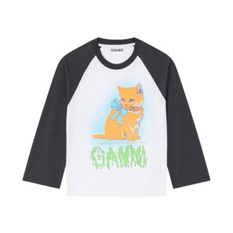 Ganni Witte Kat Grafische Baseball Tee - Dames - Longsleeves - Wit - S - Katoen - Tops