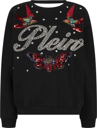 Philipp Plein Hoodies & sweatvesten, Dames, Zwart, S, Katoen, Open Back Sweatshirt Tattoo Strass
