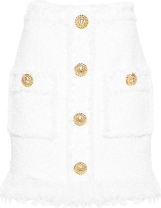 Balmain Short Skirts, female, White, Size: M High-Waisted Tweed Skirt Fringed Hem