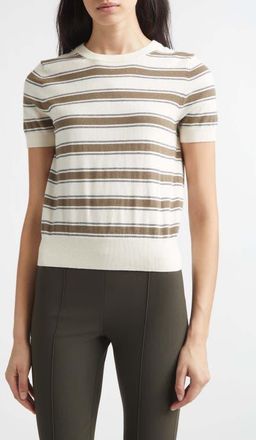 Vince Stripe Short Sleeve Cotton & Cashmere Sweater T-Shirt in Dark Artichoke Combo at Nordstrom, Size Xx-Small