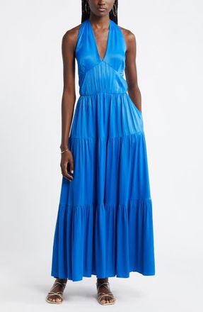 Nordstrom Tiered Satin Halter Maxi Dress in Blue Marmara at Nordstrom, Size Xx-Large