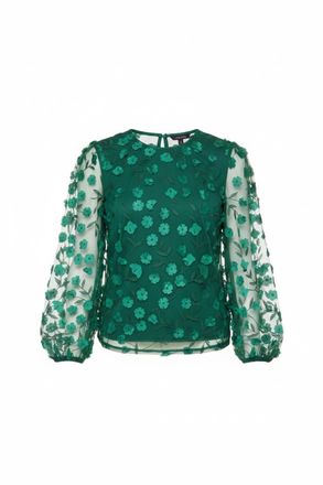 Yumi Green Sheer Sleeve Applique Flower Top (UK, Numeric, 10, 12, Regular, Regular, Green)