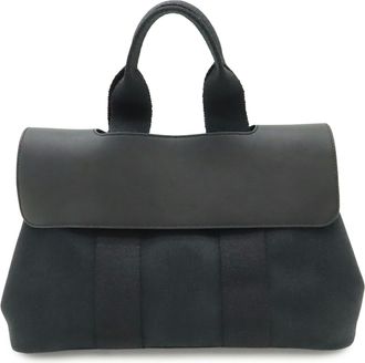 Herm&egrave;s Valparaiso Black Toile Chevron Leather Handbag Tote Bag (Pre-Owned)