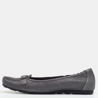 Stuart Weitzman Metallic Grey Perforated Leather Crystal Embellished Slip On Loafers