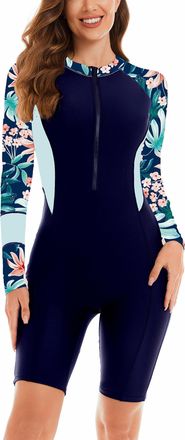 Feoya Women One Piece Swimsuit Long Sleeve Zip Front Rash Guard Floral Print Boyleg Swimwear Diving Suit Surfing Wetsuit Athletic Beachwear A6 M