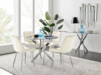 Furniturebox Novara Clear Tempered Glass 100cm Round Dining Table with Chrome Starburst Legs & 4 Pesaro Velvet Silver Leg Chairs in Cream