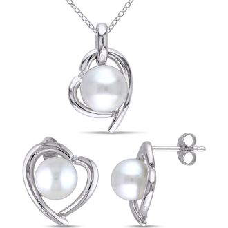 Delmar Cultured Freshwater Pearl & Diamond Heart Pendant Necklace & Stud Earrings Set in White at Nordstrom Rack