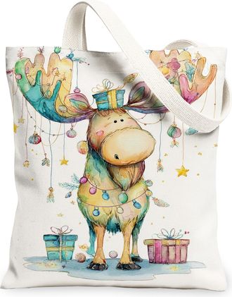 Generic Fanciful Moose Canvas Tote Bags, Festive Animal Design Reusable Grocery Bags, Lightweight Washable Shoulder Strap Canvas Fo, White, 13x15 Inch