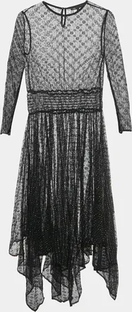 Maje Black Glittered Stretch Mesh Sheer Handkerchief Midi Dress