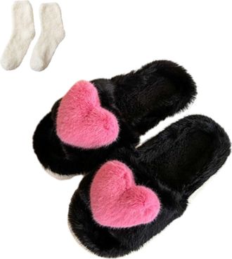 Generic Heart Plush Slippers Women Men, 3D Winter House Slides, Cozy Fuzzy Fluffy Soft Shoes With Socks (Black, M, Adult, Women, 9, Numeric Range, UK Footwear