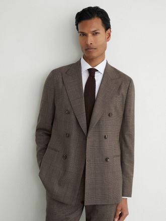 Reiss Chocolate Brown Db Wool-blend Check Double-breasted Suit Blazer Classic-fit, 36