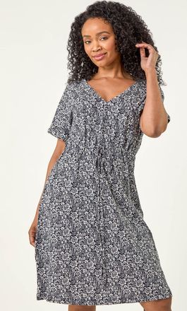 Roman Floral Print Tie Waist Dress