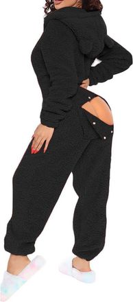 Generic cfpqv One-Piece Pajamas with Butt Flap for Women, Long Sleepwear, Warm, Fluffy, Adult House Suit, Onesies, One-Piece Pajama Set, Sleepsuit with Hood, 