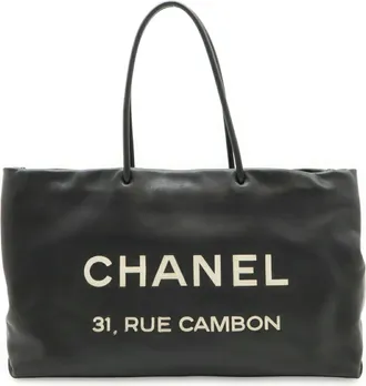 Chanel Black White Leather Shoulder Bag Tote Bag (Pre-Owned)