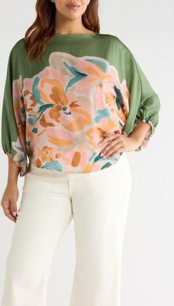 Wit & Wisdom Abstract Floral Peasant Sleeve Top in Basil Multi at Nordstrom, Size 3X