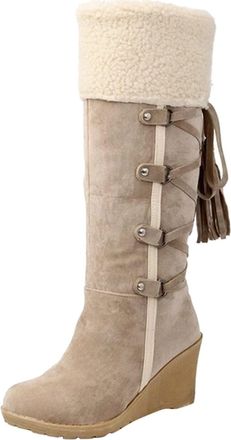 Generic Womens Snow Boots Winter Warm Knee High Booties Non Slip Lined Long Boots for Women Comfortable Outdoor (Beige, 5)