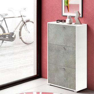 Dmora Zapatero Dlos, Mueble De Entrada Polivalente Con 3 Puertas Abatibles, Zapatero De Doble Profundidad, 100% Made In Italy, 67x28h112 Cm, Blanco Y Cement