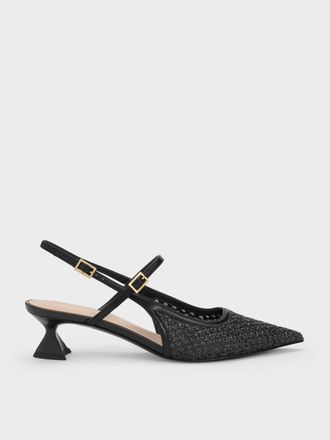 Charles & Keith Raffia Sculptural-Heel Slingback Pumps