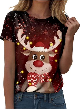 Generic Christmas Shirts for Women Merry Christmas Tshirt Xmas Graphic Print Tee Tops Blouse Gifts Ladies Snowflake Print Plus Size Short Sleeves Casual Tunic