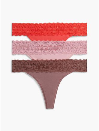 Tommy Hilfiger Womens Lace-Trim Thong 3-Pack - Rose / Cherry - XL