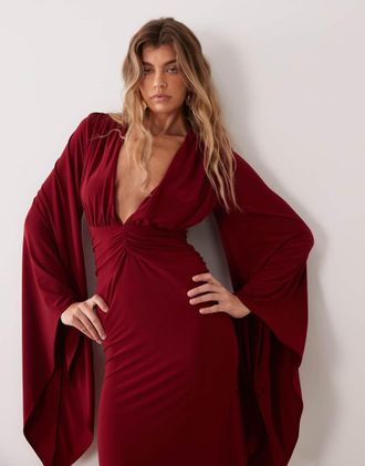 Asos vestito lungo con maniche a pipistrello, effetto fluido, scollo profondo, bordeaux-Rosso