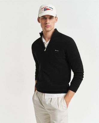 GANT Mens Pique Half Zip Fleece in Black - Size X-Large