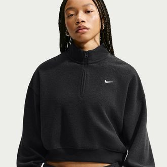 Nike Womens Studio Fleece Medium Weight Plush Oversized 1/4-Zip Cropped Top in Black | IM8365-010