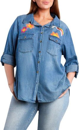BILLY T Peace & Love Embroidered Denim Button-Up Shirt in Light Wash Blue at Nordstrom, Size 1X