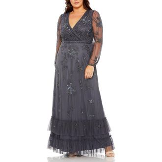 Mac Duggal Puff Sleeve V-Neck TIered Embellished Gown in Charcoal at Nordstrom, Size 20W