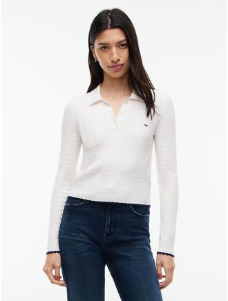 Tommy Hilfiger Womens Tommy Jeans Mini Cable Knit Sweater Polo - Off White - XXS