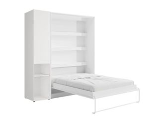 Vente-Unique Cama abatible vertical 140 x 200 cm - 1 columna de almacenamiento - Con LEDs - Blanco - RAPILI
