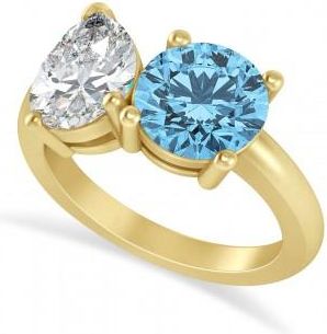 Allurez Round/Pear Diamond & Blue Topaz Toi et Moi Ring 18k Yellow Gold (4.00ct)
