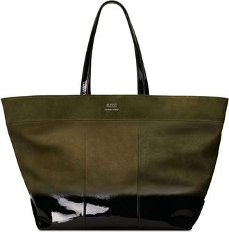Ami logo-plaque panelled tote bag - unisex - Calf Leather/Linen/Flax/Canvas - One Size - Green