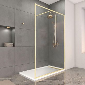 Aurlane Mampara De Ducha 140x200cm Acabado Oro Cepillado + Plato De Ducha Blanco 140x80x5cm