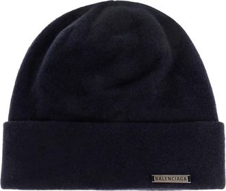 Balenciaga Cashmere Beanie with Logo - Dames - Hoeden - Blauw - S - Wol - Accessoires
