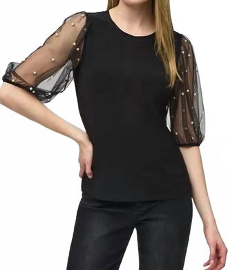 Joseph Ribkoff Silky Knit Top With Embellished Mesh Sleeves In Black