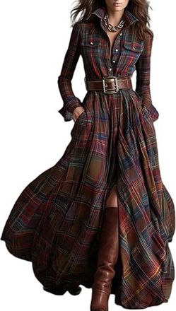 Generic Plaid Maxi Dress for Women, Womens Long Sleeved Dress with Pockets Casual Fashion Retro Style, Plaid Button Down Dress. (Red,XXL)