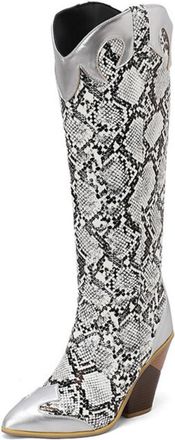 Generic Womens Pull on Knee High Boots Pointed Toe PU Leather Western Cowboy Boot Chunky High Heel Long Boots,White,6.5 UK