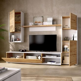 Dmora Dmora - Mueble Alto Foraker, Conjunto De Sal&oacute;n Con Soporte Tv, Mueble Sal&oacute;n Multiusos, 220x41h180 Cm, Node Roble Y Blanco