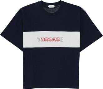 Versace Blue Logo Striped Short-Sleeve Cotton T-Shirt