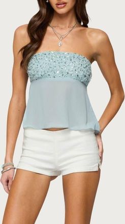 Edikted Beadie Strapless Chiffon Top in Light-Blue at Nordstrom, Size X-Small