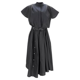 sacai Belted Cut-Out Midi Shirt Dress in Black Polyester