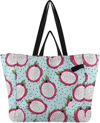 Generic Tropical Dragonfruit Fruit Blue print Reusable Canvas Tote Bag, Heavy Duty Grocery Shopping Bag with Double Handles Hard Bottom Large Capacity Work Gr