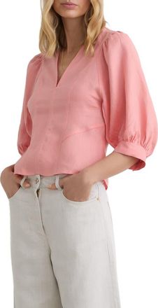 Reiss Evie Puff Sleeve Linen Top in Coral Pink at Nordstrom, Size 2