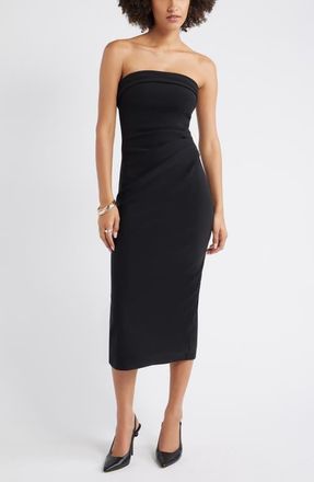 Open Edit Strapless Crepe Midi Dress in Black at Nordstrom, Size Xx-Small