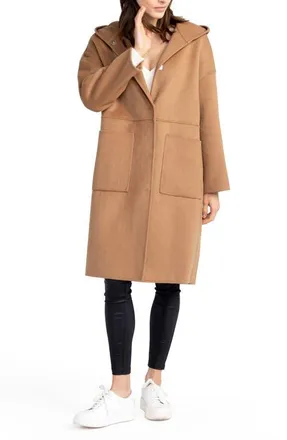 Belle & Bloom Sunday Morning Hooded Wool Blend Coat in Camel at Nordstrom, Size Medium
