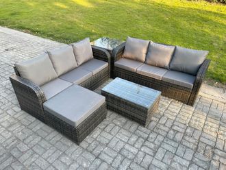 Fimous Outdoor Garden Furniture Sets 7 Seater Wicker Rattan Furniture Sofa Sets with Rectangular Coffee Table 3 Seater Sofa Side Table in Dark Grey