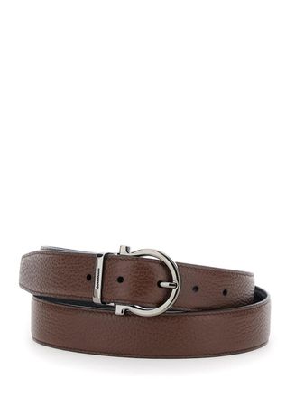 Ferragamo Brown Reversible Belt With Gancini Buckle And Metallic Loop With Logo Lettering In Grained Leather Man