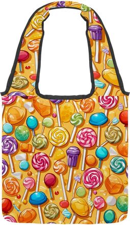 Generic Yellow Candy Pattern Reversible Canvas Shoulder Tote - Double-Sided Print, 12oz Cotton, 27cm Drop, Fold-Flat Bag for Travel, Shopping, Street Outings